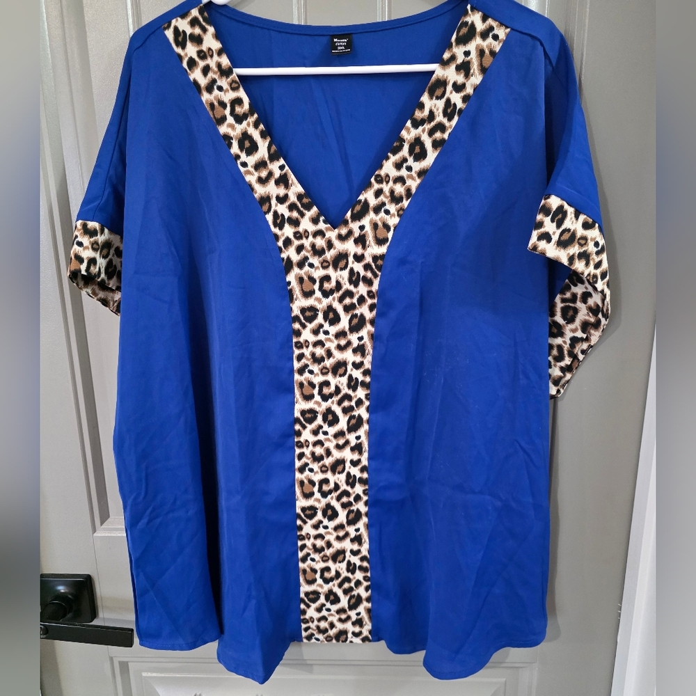 Shein Womans 3xl Tag Fits 2xl Royal Blue Leopard Blouse Nwot